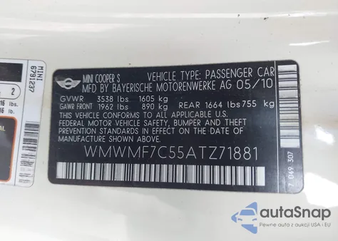 2010 Mini Cooper S z USA, uszkodzony, nr VIN WMWMF7C55ATZ71881